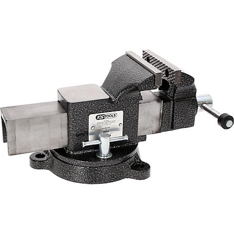 Schwarzer Schraubstock mit Metallbacken, Griff und Firmenlogo.