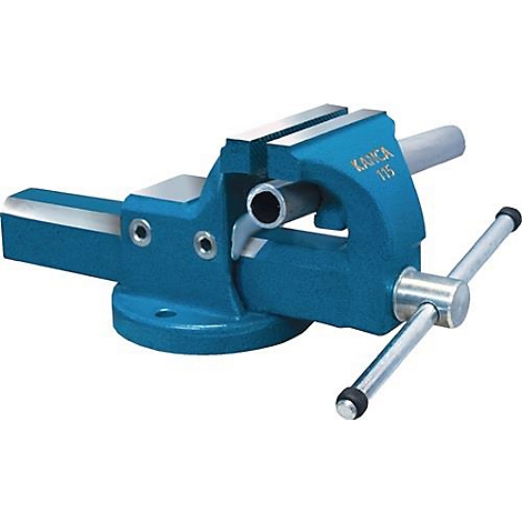 Een blauwe bankschroef met een metalen pijp vastgeklemd in zijn bek. Op de bankschroef staat "KAWIKA 115".