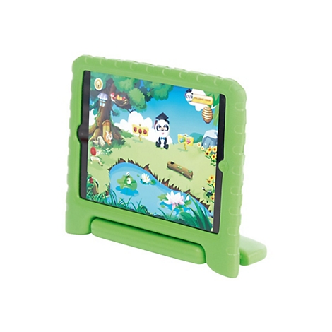 Ein grünes Tablet mit einer kindgerechten Panda-Lern-App auf dem Bildschirm steht auf einer Halterung.
