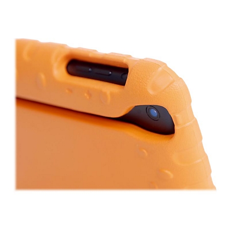 Nahaufnahme der Ecke einer orangen Tablet-Schutzhülle mit Aussparung für Kamera und Tasten.