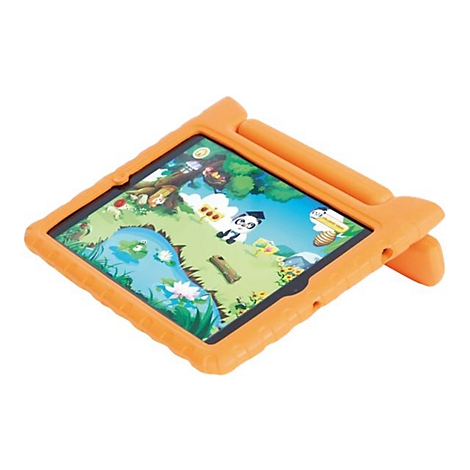 Ein Tablet in einer robusten, orangefarbenen Schutzhülle mit integriertem Ständer zeigt eine bunte Lernspiel-App.