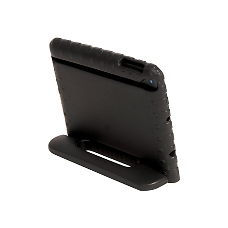 Schwarze Schutzhülle für Tablets mit integriertem Ständer, Ansicht von hinten auf weißem Hintergrund.