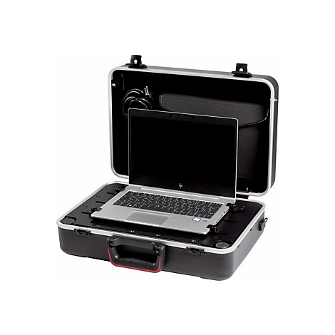 Ein geöffneter, schwarzer Transportkoffer mit einem darin montierten, silbernen Laptop.