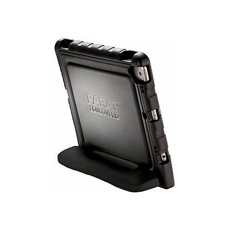 Schwarze, robuste Schutzhülle mit Tablet in Standposition, Rückseite zeigt eingeprägten Parat Educover Schriftzug.