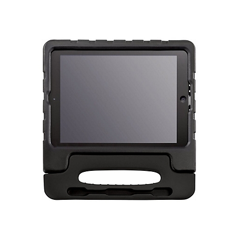 Schwarzes Tablet in einer robusten Schutzhülle mit integriertem Griff vor weißem Hintergrund.