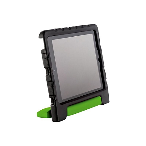 Ein Tablet in einer schwarzen Schutzhülle mit grünem Standfuß steht auf einem weißen Hintergrund.
