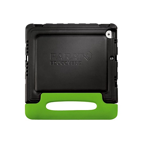 Schwarzes Parat Educover Tablet-Schutzgehäuse mit einem hellgrünen Tragegriff vor weißem Hintergrund.
