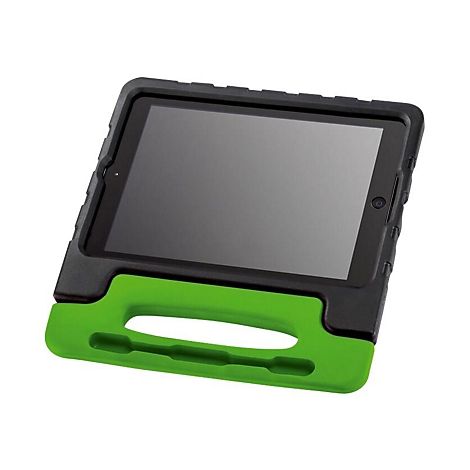 Tablet in robuster schwarzer Schutzhülle mit leuchtend grünem Tragegriff vor weißem Hintergrund.