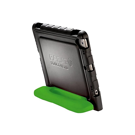 Schwarze Schutzhülle für ein Tablet mit grünem Standfuß, Rückseite mit Parat Educover Logo auf weißem Grund.
