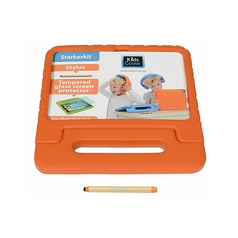 Orangene Kinder-Schutzhülle für Tablets mit Griff und beiliegendem Eingabestift auf weißem Hintergrund.