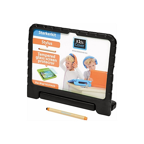 Produktverpackung für Kids Cover iPad-Zubehör mit Stylus und Displayfolie, dazu Kinder mit Kopfhörern.
