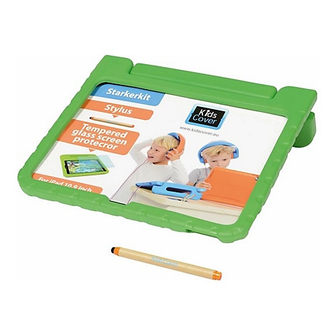 Grüne Schutzhülle für iPad mit integriertem Display-Schutz und beiliegendem Eingabestift vor weißem Hintergrund.