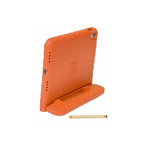 Orangene Schutzhülle für Tablets aus Schaumstoff mit integriertem Ständer und passendem Eingabestift.
