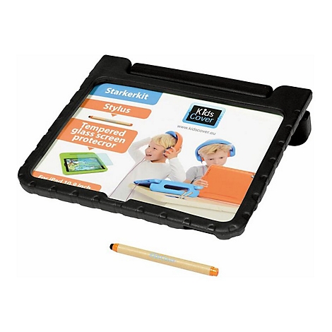 Schwarze Schutzhülle für iPad 10.9 Zoll mit Displayschutz, Eingabestift und Produktverpackung.