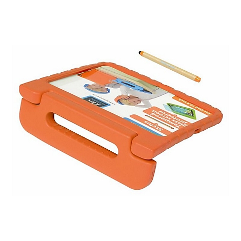 Orangefarbene Schutzhülle für iPad mit integriertem Griff, Ständerfunktion und einem beiliegenden Eingabestift.