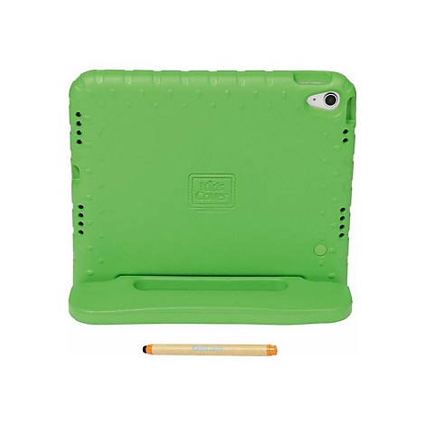 Helle, grüne Tablet-Schutzhülle aus Gummi mit Ständerfunktion, inklusive einem beigen Eingabestift davor.