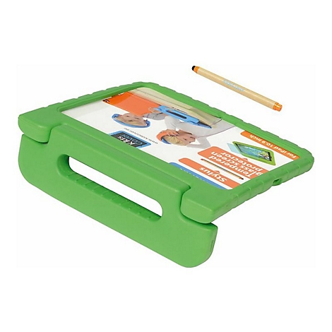Grüne Schutzhülle für iPad mit integriertem Tragegriff und beiliegendem Eingabestift vor weißem Hintergrund.