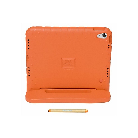 Orangene Tablet-Schutzhülle für Kinder mit integriertem Ständer und passendem Eingabestift vor weißem Hintergrund.
