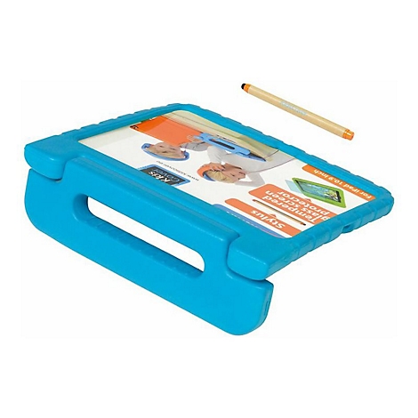 Blaue, robuste Kinder-Schutzhülle für iPad mit integriertem Griff und dazugehörigem Eingabestift auf weißem Grund.