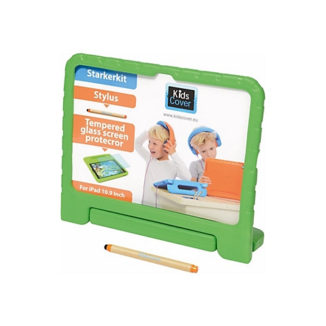 Ein grüner KidsCover-Rahmen mit Infokarte, der ein Zubehörset für iPads zeigt, daneben ein Eingabestift.