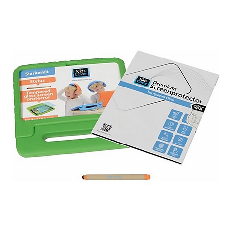 Grüne Schutzhülle für Tablets, ein Displayschutz aus Glas und ein Stylus-Stift von Kids Cover.