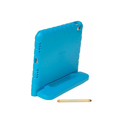 Hellblaue Tablet-Schutzhülle aus Silikon mit Standfuß, seitlich von hinten gesehen, inklusive Eingabestift.