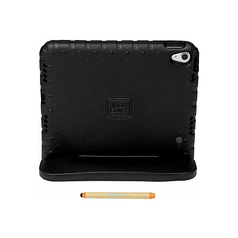 Schwarze KidsCover Tablet-Schutzhülle mit integriertem Ständer und passendem Eingabestift auf weißem Hintergrund.