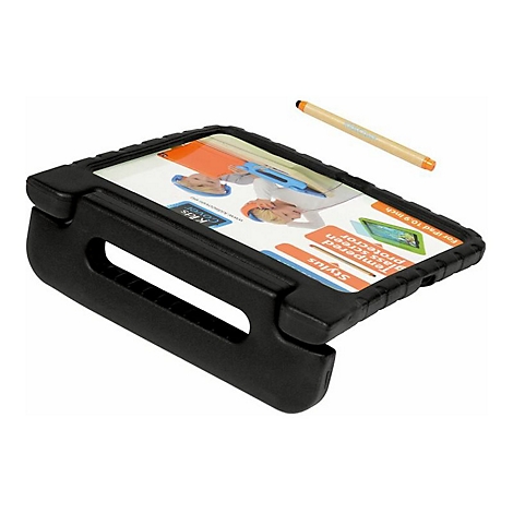 Schwarzes stoßfestes iPad-Cover mit Tragegriff und einem passenden Eingabestift, isoliert vor weißem Hintergrund.