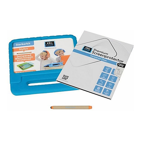 Blaues Kids Cover Tablet-Gehäuse, eine Displayschutzfolien-Verpackung und ein Eingabestift vor weißem Hintergrund.