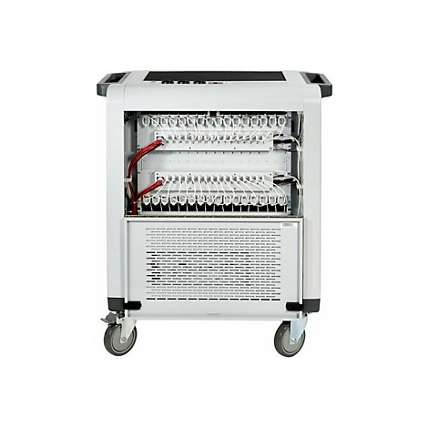 Mobiler Ladewagen in Grau mit vielen Ladeanschlüssen für elektronische Geräte.