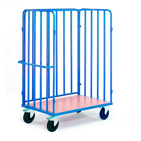 Blue cage trolley with wooden plate and wheels. The trolley has a handle.