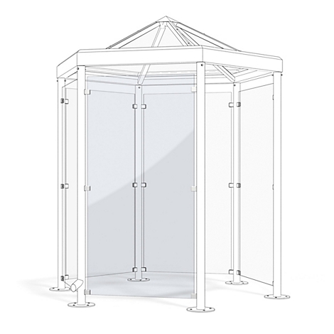 Un diseño de cenador hexagonal con paredes de vidrio, pilares de soporte y un techo puntiagudo.