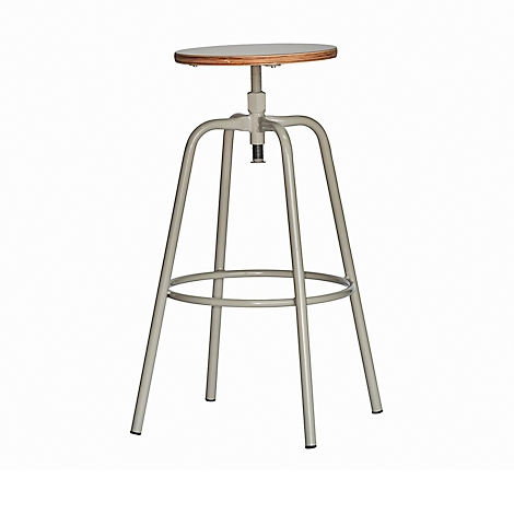 Light grey bar stool, wooden seat, metal frame with foot ring.