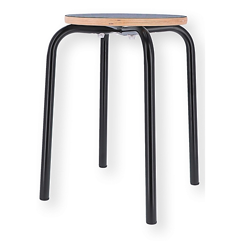 Black stool with a round wooden top. The legs are made of metal.