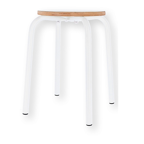 White stool with wooden top. Four-legged stool with round legs and a round wooden top.