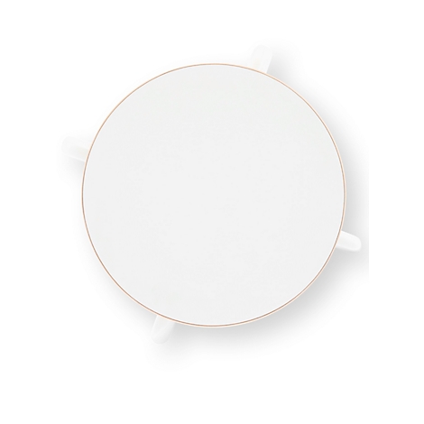 White, round table from above, with three white legs.