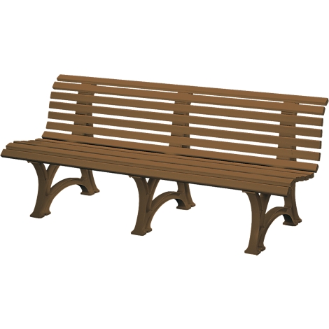 Brown park bench with slatted backrest and ornate legs. The bench stands against a white background.