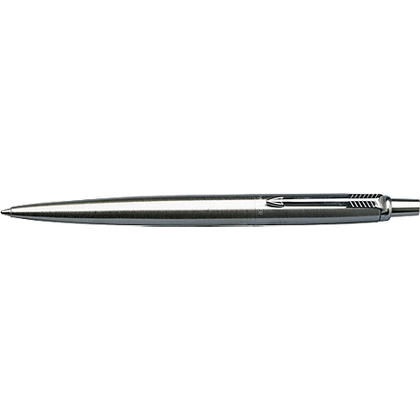 Silver pen with clip and ribbed end.