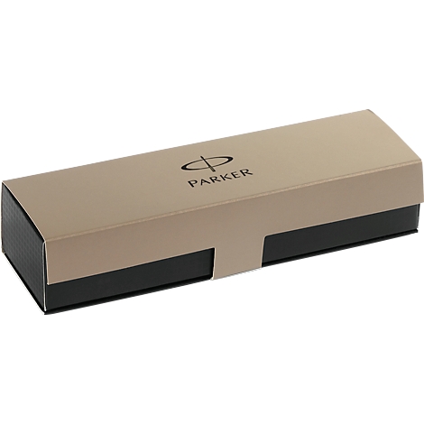 A rectangular gift box in beige and black. The top of the box says "PARKER" with a logo.