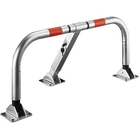 Foldable parking barrier, silver metal with red accents. Upright supports, curved bar, lock.