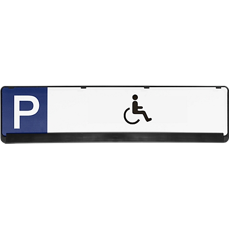 Parking sign with blue P and wheelchair user symbol.