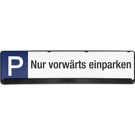 Parking sign with blue P and text: Park forward only.