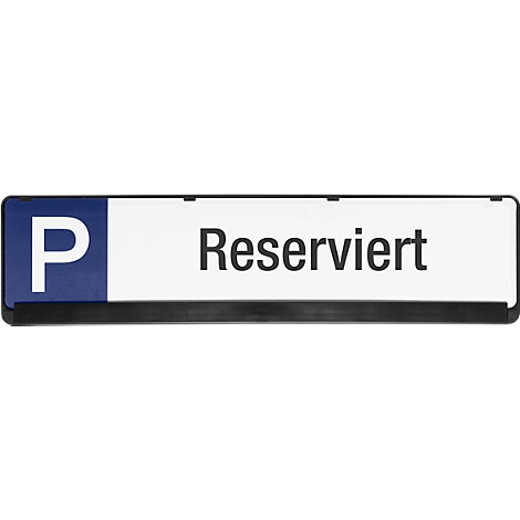 Reserved parking sign. Left blue area with a large white P, right white background with black lettering: Reserved.