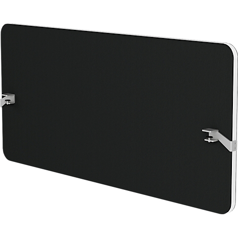 Panneau insonorisé noir rectangulaire avec des supports argentés sur les côtés. Le mur a des coins arrondis.