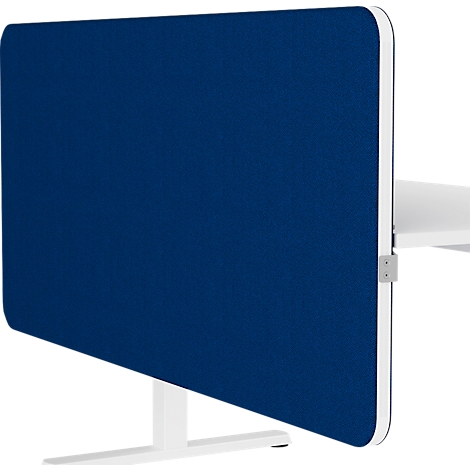 Cloison de bureau bleue avec des cadres blancs et un support. Base en métal blanc.