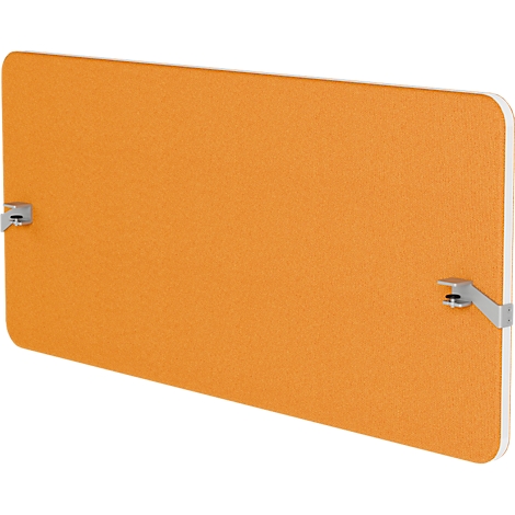 Panneau acoustique orange avec fixation, vue de coin. Des supports argentés sont visibles à gauche et à droite.