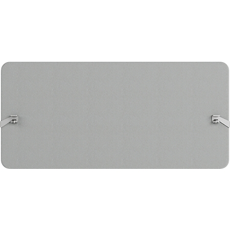 Panneau rectangulaire gris aux coins arrondis. Deux supports métalliques avec des sangles sont fixés aux petits côtés.