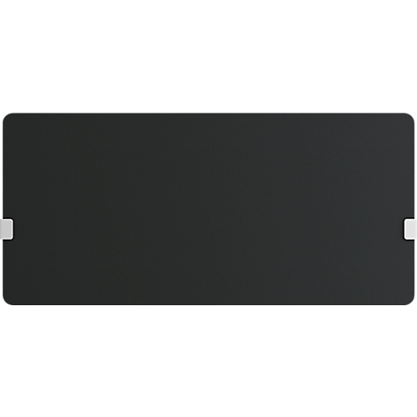 Un objet noir rectangulaire avec des coins arrondis et deux éléments blancs sur les petits côtés.