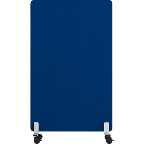 Cloison mobile rectangulaire bleue avec supports blancs et roulettes.