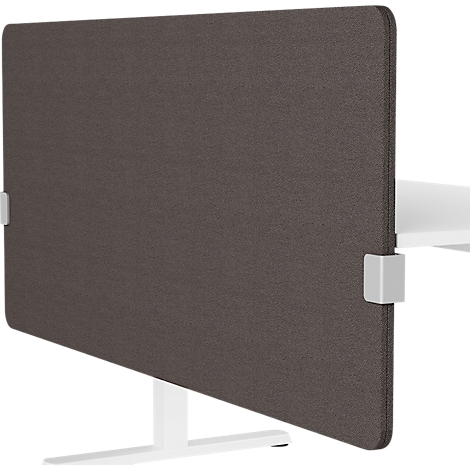 Séparation de bureau rectangulaire grise avec des supports blancs et un pied de table blanc.